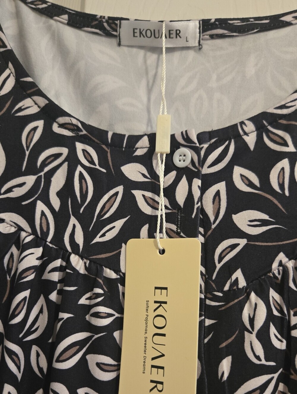 New! Ekouaer Leaf Print Night Gown Size Large Black White Taupe - Picture 2 of 6